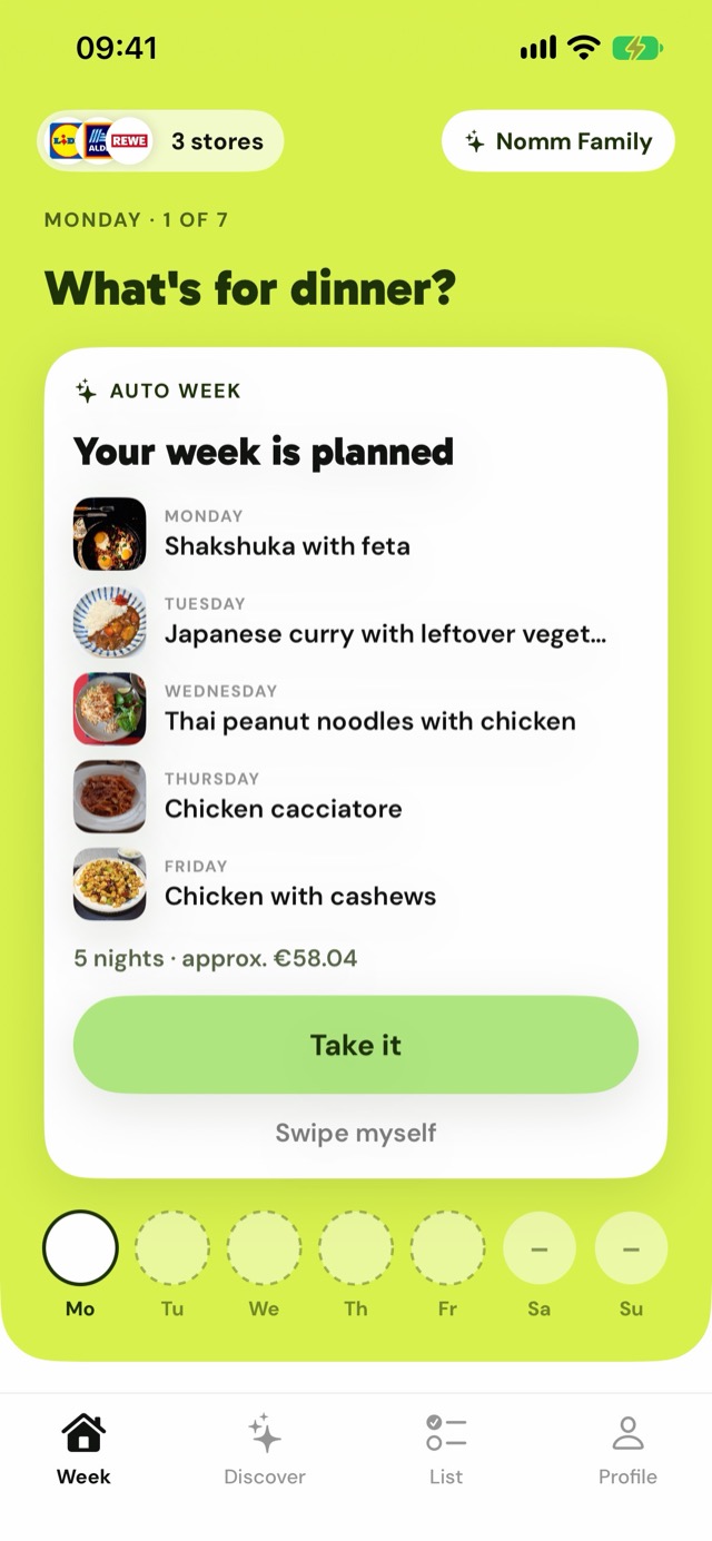 Nomm app: Auto week, five nights planned, take it or swipe yourself