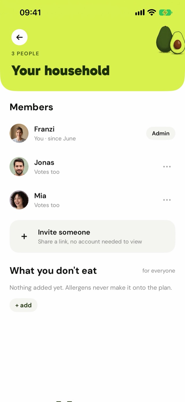 Nomm app: your household, three members, invite by link, what you don't eat