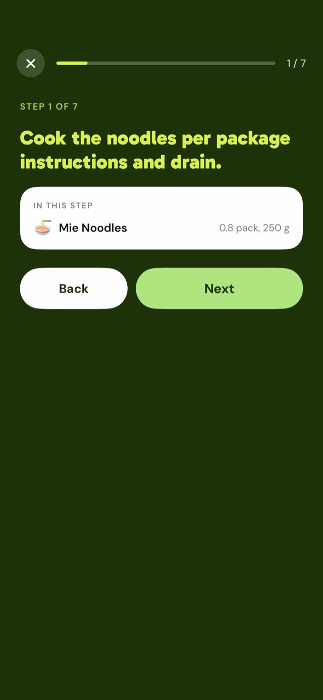 Nomm app: cook mode, step 1 of 7 with the ingredients for this step
