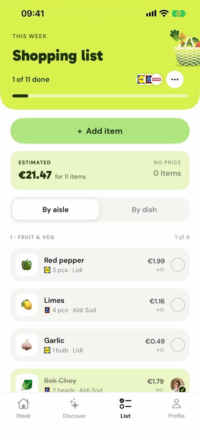 Nomm app: shopping list sorted by aisle, with estimated prices