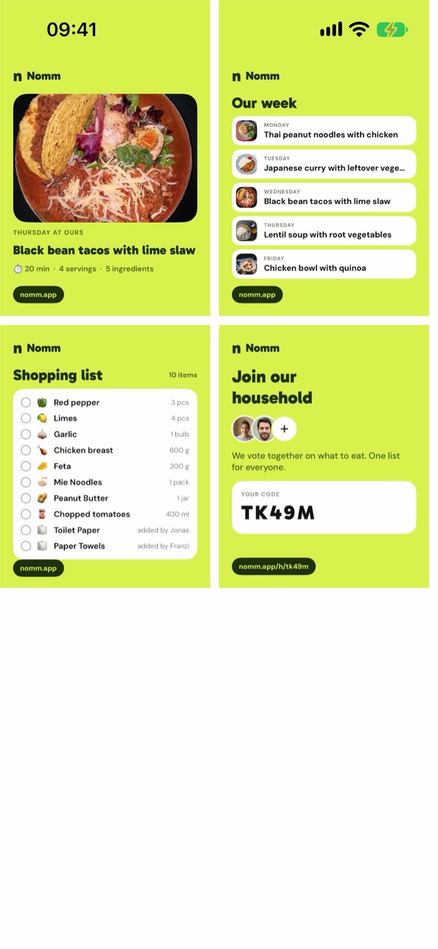 Nomm app: share cards for tonight's dinner and the shopping list