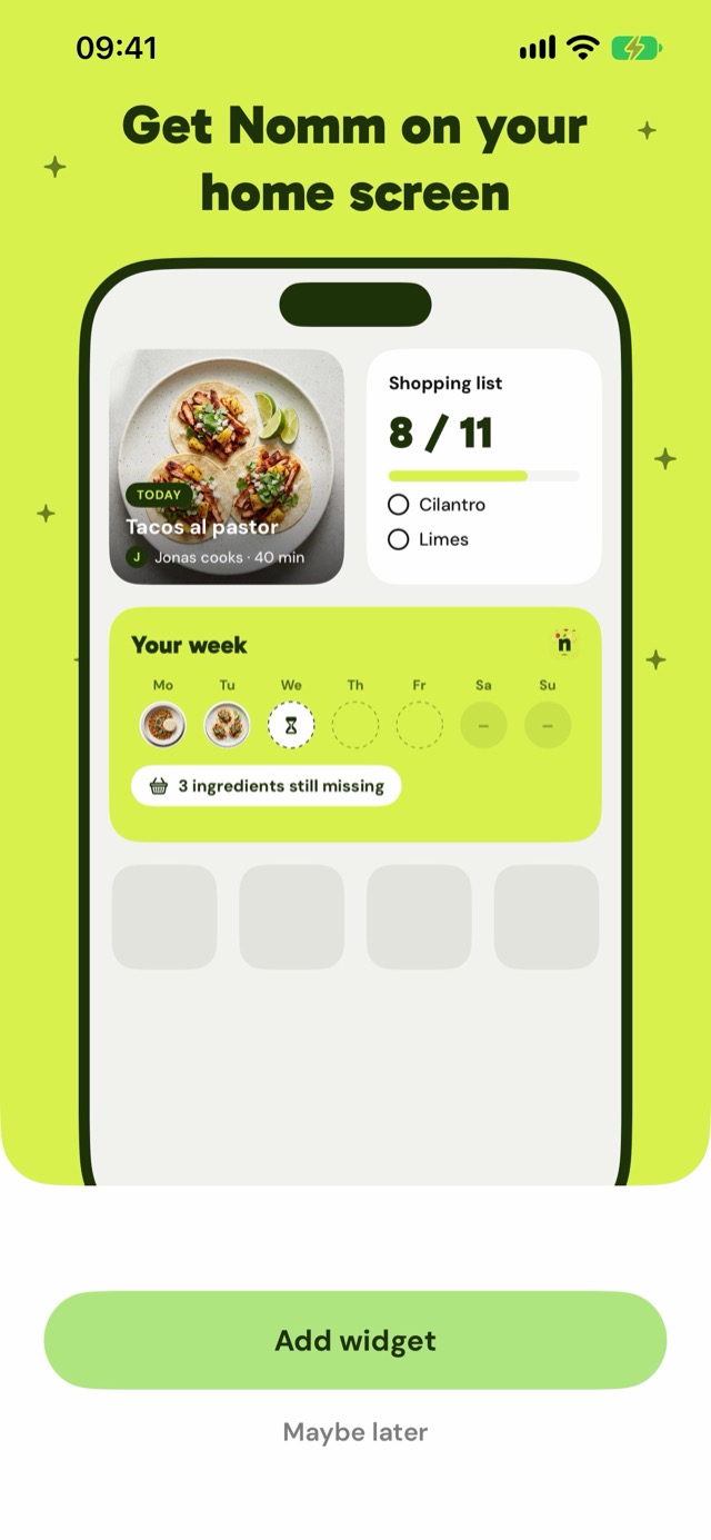 Nomm app: home screen widgets for tonight's dinner, the list and the week